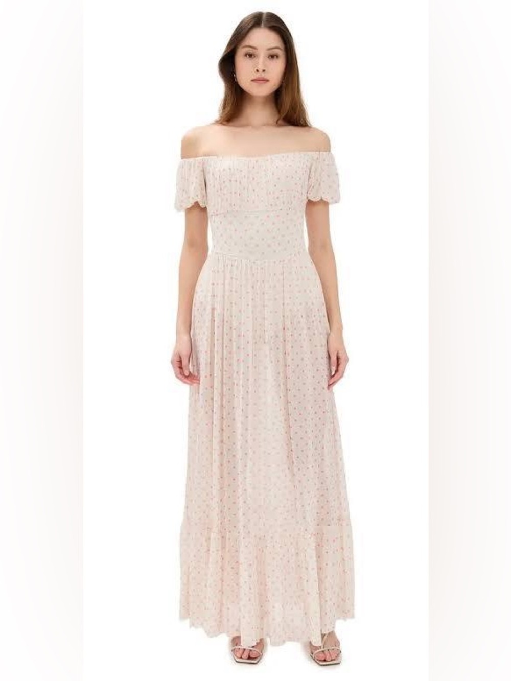 AFRM Moreno Off-The-Shoulder Sheer Mesh Maxi Dress – Coral Micro Dot